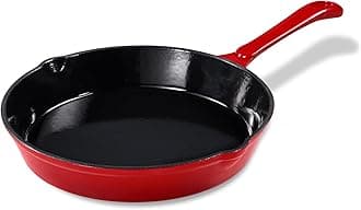 CAROTE Cast Iron Skillet Frying Pan, Oven, Stovetop, Grill, Campfire & Induction Compatible, Durable, Non-Toxic, Even-Heating Cookware, Red, Round, 8"