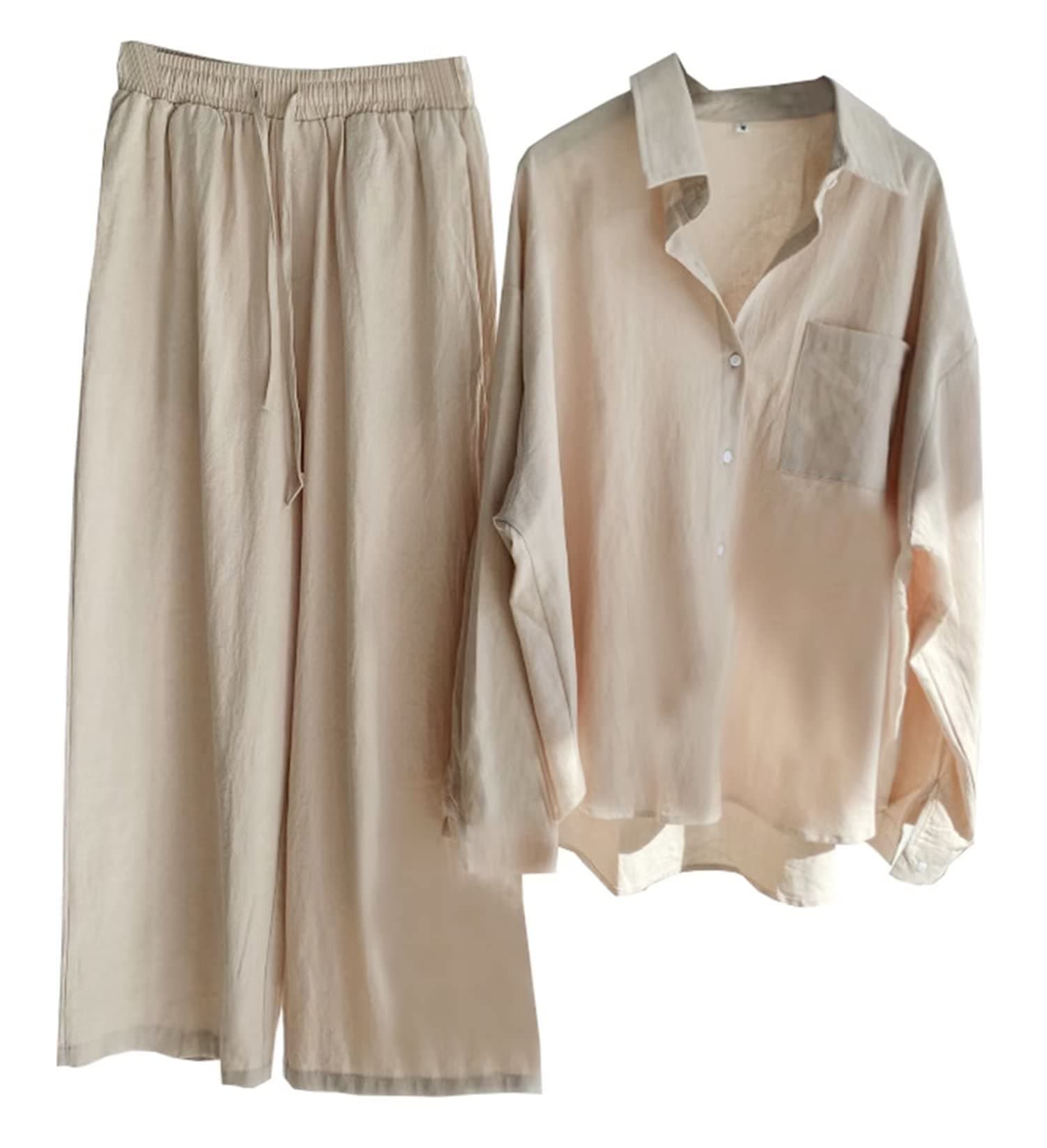 Beralst Women's 2 Piece Set, Linen Button Down Shirt + Wide Leg Pants Tracksuit
