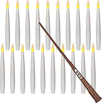 Leejec Floating Candles with Magic Wand Remote (6/18H Timer), 20pcs 6.1” Hanging Flameless Taper Candles, Flickering Warm Light, Halloween Christmas Classroom Windows Wedding Party Decor(White)