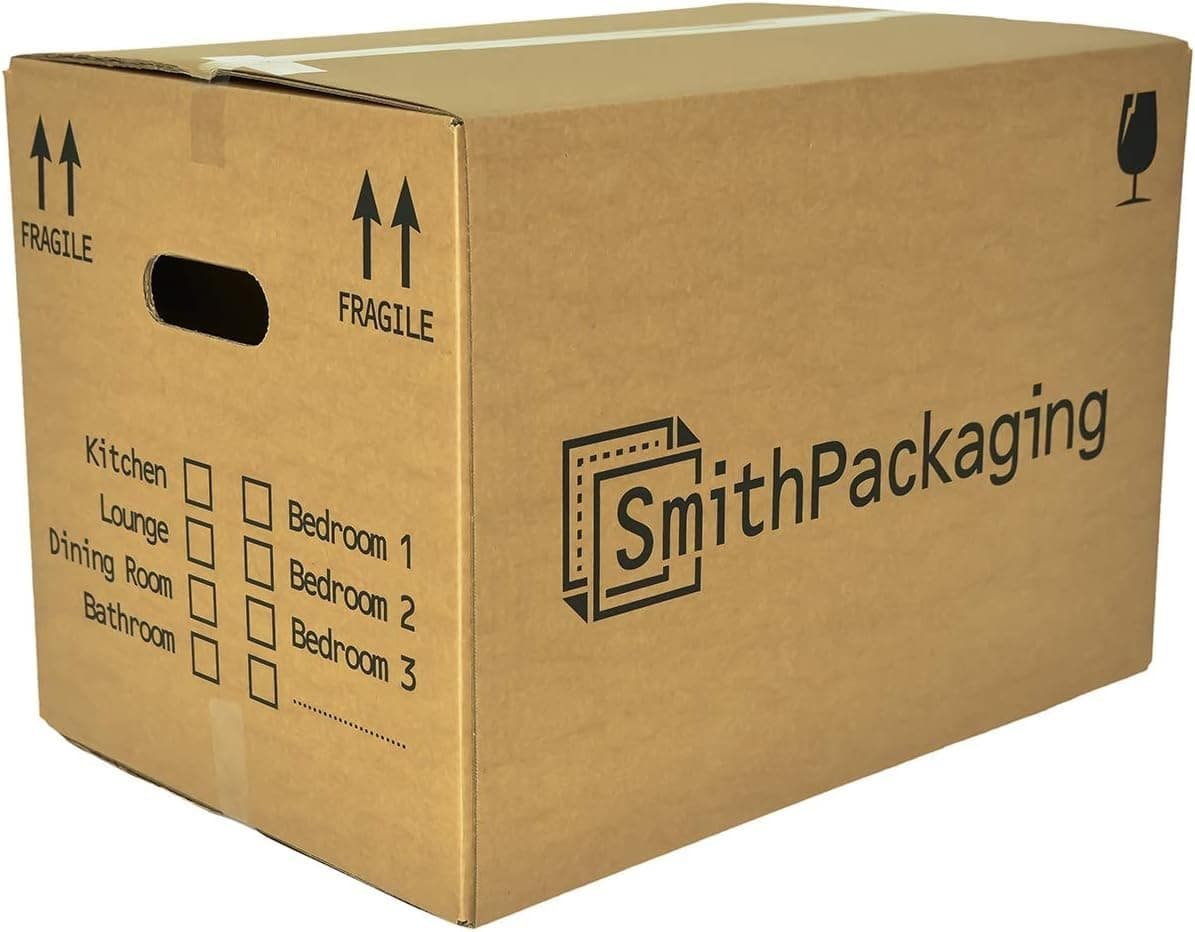SmithPackaging 5 Large Strong Cardboard Packing Moving House Boxes 51cm x 29cm x 29cm with Carry Handles and Room List