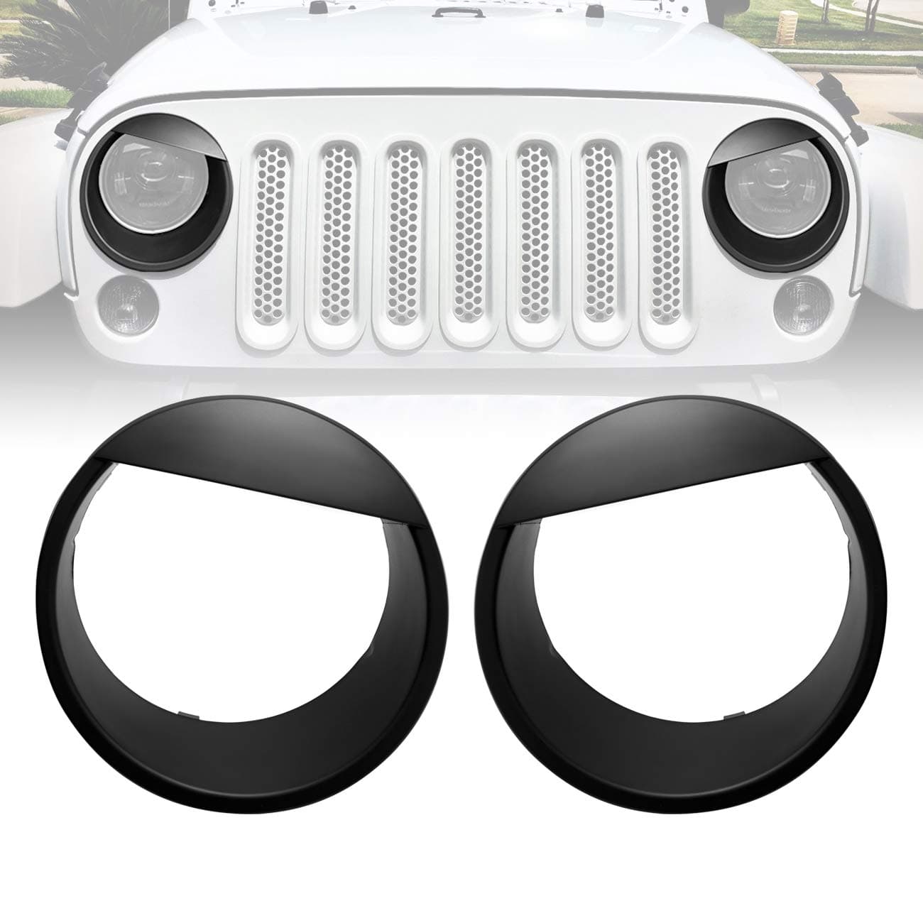 ICarszone ICARS Black Angry Bird Style Front Headlight, Trim Cover Bezels Compatible with 2007-2018 Jeep Wrangler JK JKU Rubicon Sahara Sport Unlimited Accessories - Pair