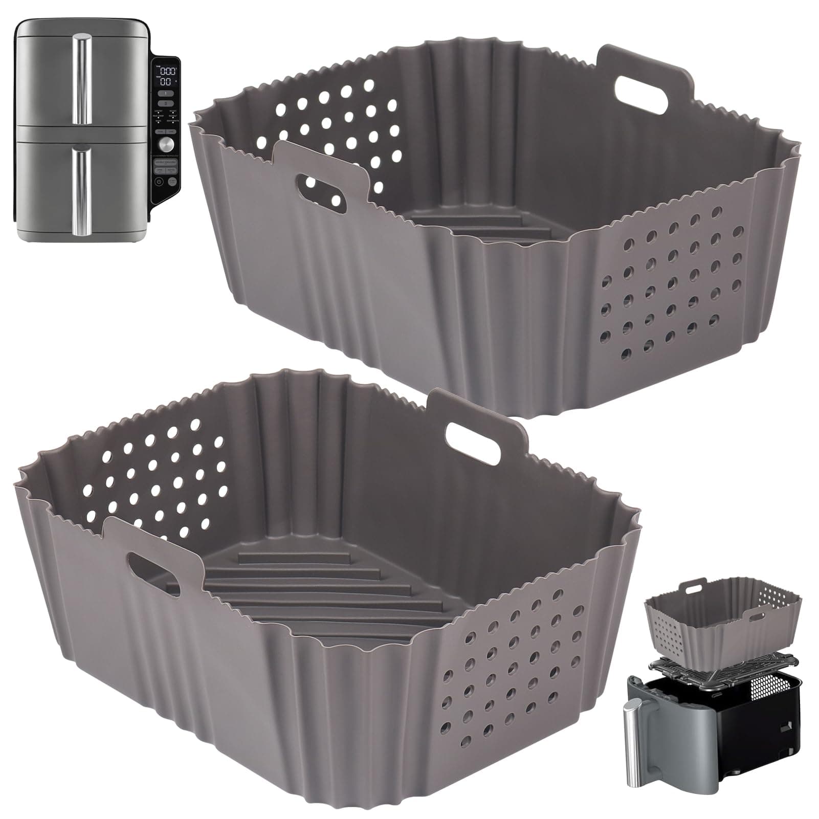 BYKITCHEN Silicone Air Fryer Liners for Ninja SL401 Double Stack 2 Basket Airfryer, Reusable Rectangle Perforated Silicone Liners for Dual Airfryer, Ninja DoubleStack XL Air Fryer Accessories