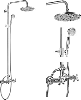 gotonovo Shower Fixture 8 Inch Rainfall Shower Head with Handheld Spray Polish Chrome Dual Knobs Mixer Bathroom Silver Shower Combo Set Wall Mount