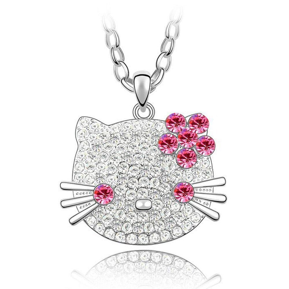 Pink Clear Crystal Large Hello Kitty Cat Pendant 24 Inch Long Necklace Made With Swarovski Elements