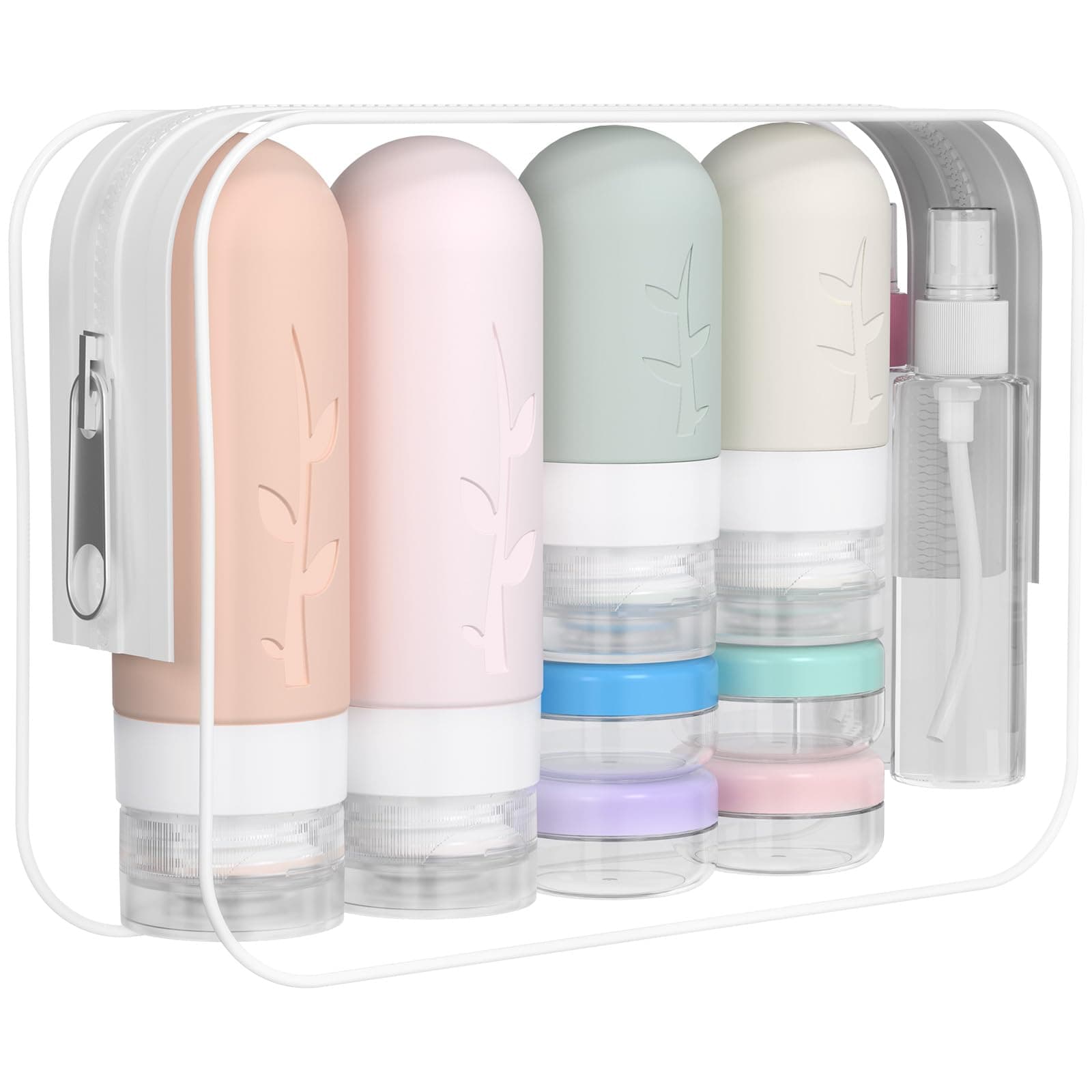 Travel Bottles Kit (16 Pack) - TSA Approved, Leak Proof Silicone Squeezable Containers for Toiletries. Complete Set with Jars, Sprayers & Bag (Pink)