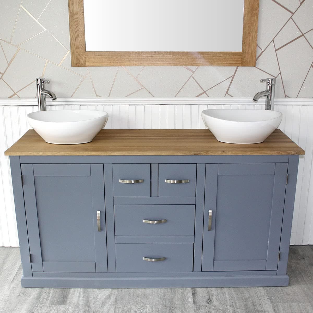 Wooden Bathroom Vanity Unit with 2 Ceramic Basins - Modern Bathroom Sink Cabinet with Drawers - Double Vanity Unit with Chromed Mixer Taps - Grey Painted - Oval Bowl (603GCB027X2)