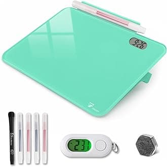Small Glass Desk Whiteboard Dry-Erase Board with Clock, Small Travel Clock Ke...