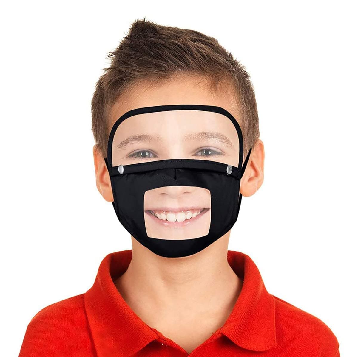 Dust Mask with Detachable Transparent Eye Shield Goggle, Breathable Washable Unisex Face Cover, Can see the Mouth Clearly (Black, Child)