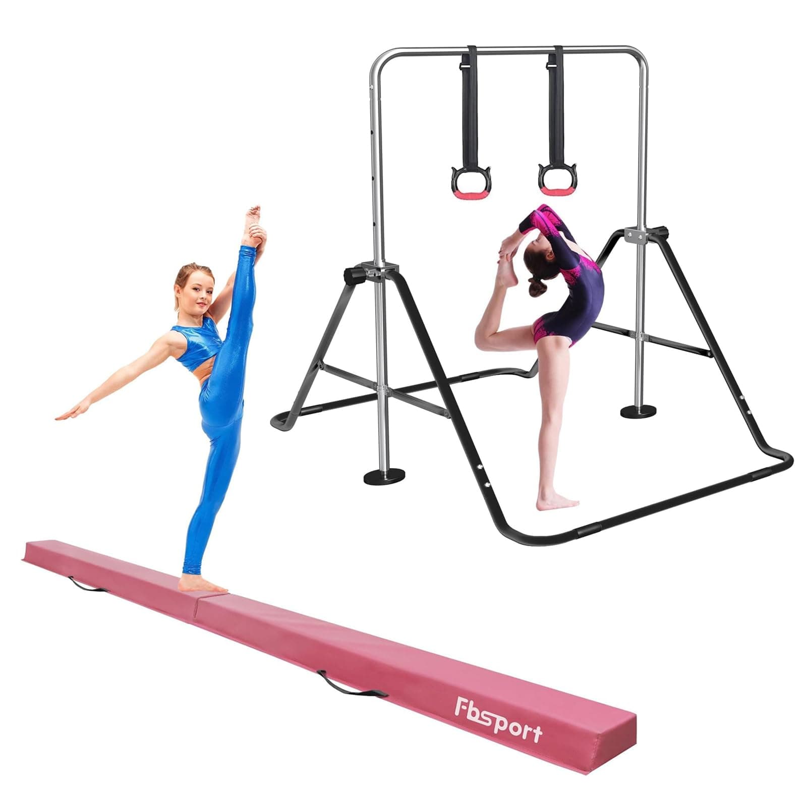 8FT Folding Floor Beam, Ideal for Home Training and Professional Practice and Gymnastics Bar & Balance Beam Set for Kids, Adjustable Height Horizontal Bar with Rings