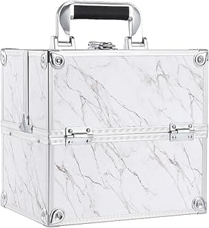 Frenessa Portable Marble Leather Makeup Case, 4 Trays, Nail Makeup Storage Organizer, White (White Marble), White (White Marble)