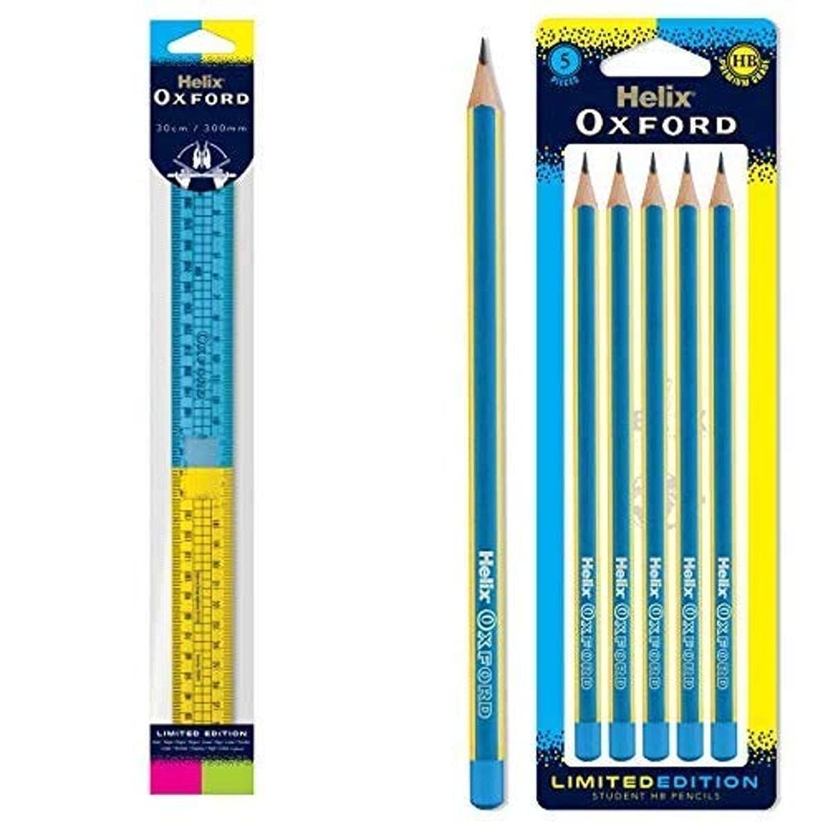Helix Oxford Clash Folding Ruler and Clash x5 Pack of Pencils (Blue)