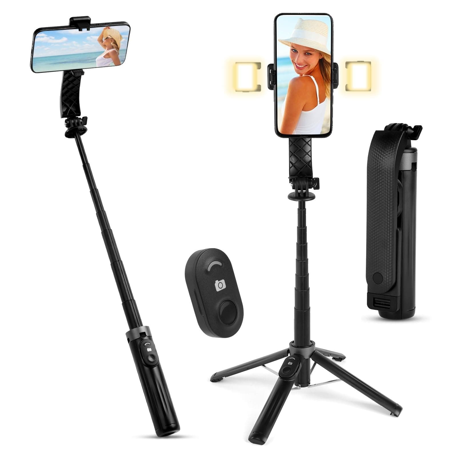 flintronic Selfie Stick Tripod with 2 Rotatable Fill Light, Reinforced Stable Tripod with Wireless Remote Control, 100CM Extendable Portable Aluminum Selfie Stick Compatible with iPhone, Cameras