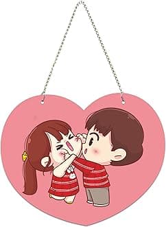 Artvibes Cute Cartoon Couple Heart Shaped Wooden Wall Hanger for Home Decor | Living Room | Office | Wall Art Painting For Hall | Graphic Artwork | Wall Art Print | Unique Gift Items (WH_5502NN)