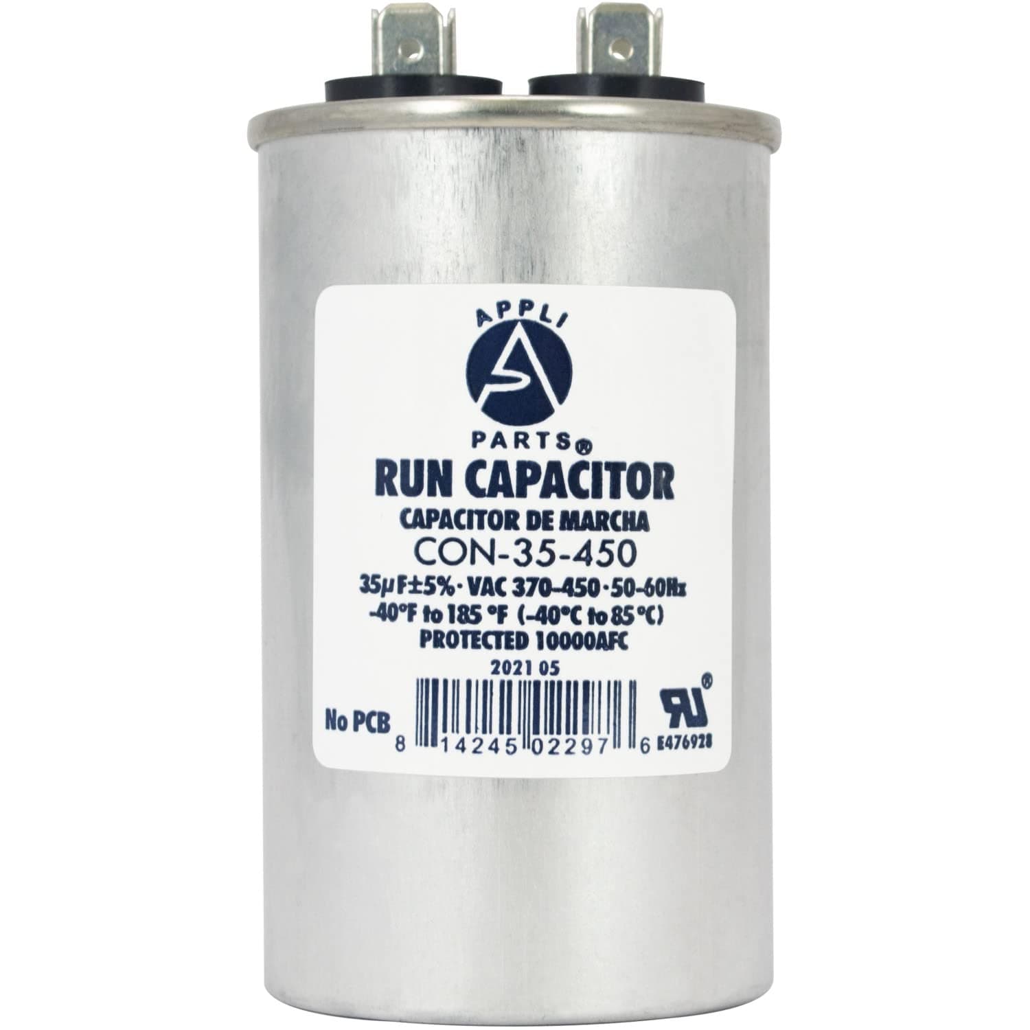 AP APPLI PARTS Run Capacitor for ac 35 Mfd uF (microfarads) 370 VAC or 450 VAC CBB65 Round Universal fit for HVAC and Other cations 3-5/8 in High 1-7/8 in Wide CON-35-450
