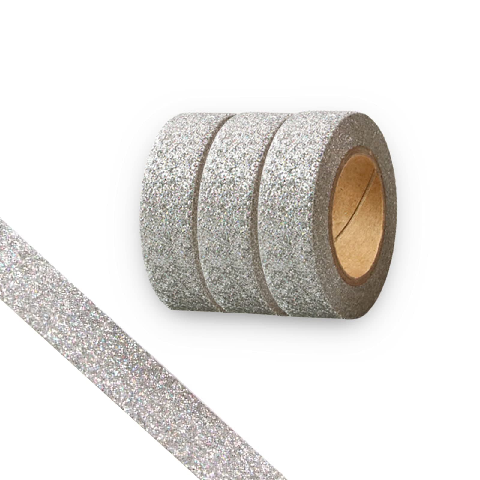 Glitter Washi Tape,3 Rolls 5/8"(15mm) silver Decorative Tape, Craft Self Adhesive Stick On Sticky Glitter Trim Gold ，Supplies for DIY, Bullet Journal, Craft, Gift Wrapping, Scrapbooking (Laser silver)