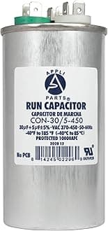 Appli Parts Condensador Capacitor de Marcha 30+5 Mfd uF (microfaradios) 370VAC o 450VAC CBB65 Universal Aire acondicionado y otras aplicaciones Redondo UL E476928 10.8cm Alto 5cm Ancho CON-30/5-450