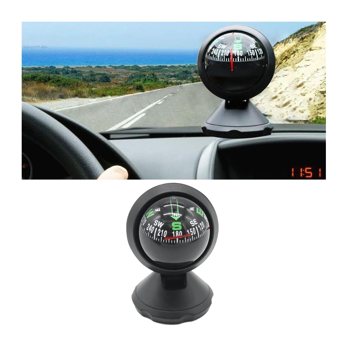 BESULEN Car Compass Ball, Dash Mount Adjustable Compass Ball with Bottom Stick, Navigation Hiking Direction Pointing Guide Ball for Marine Boat Truck Caravan Outdoor, Universal Car Accessories