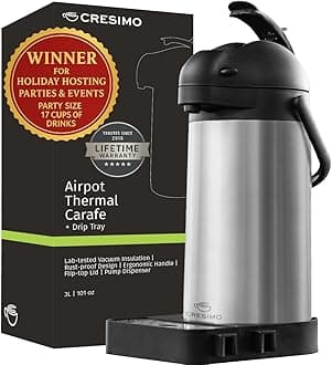 101 Oz (3L) Airpot Thermal Coffee Carafe/Lever Action/Stainless Steel Insulated Thermos / 12 Hour Heat Retention / 24 Hour Cold Retention (Airpot with Drip Tray)