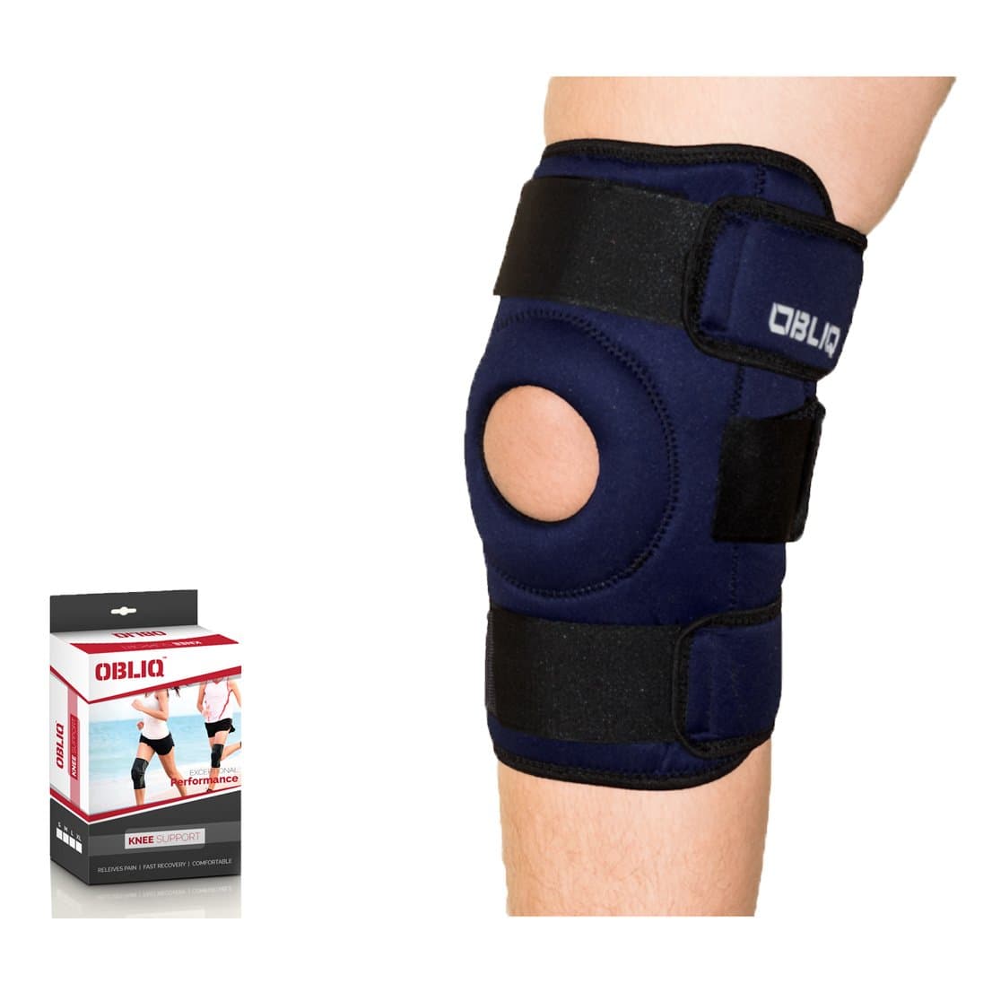 obliq Hinged Knee Support Brace for Lateral Support With Dual Stabilizers Open Patella (Blue, Medium (17.2-19.6 Inches))
