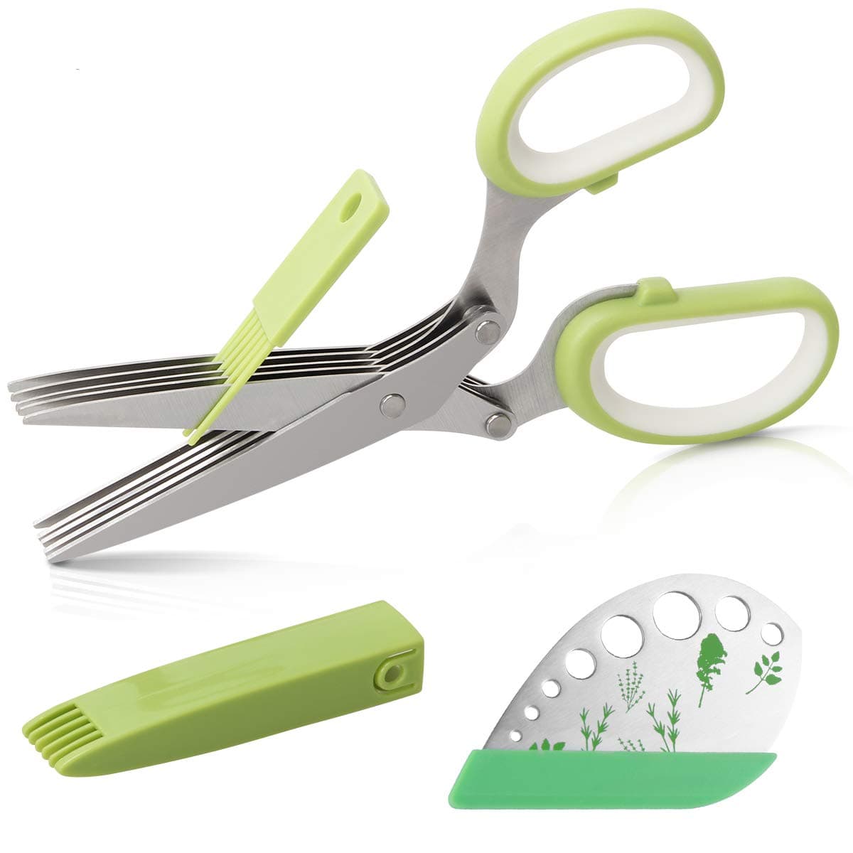 Luxiv Herb Scissors Herb Stripper Set, Stainless Steel Herb Cutter Tools 5-Blades Scissors with Herb Stripping Tool, Safe Cover, Cleaning Comb Multi-blade Herb Shears 2 IN 1 Herb Tools Kits (Green)