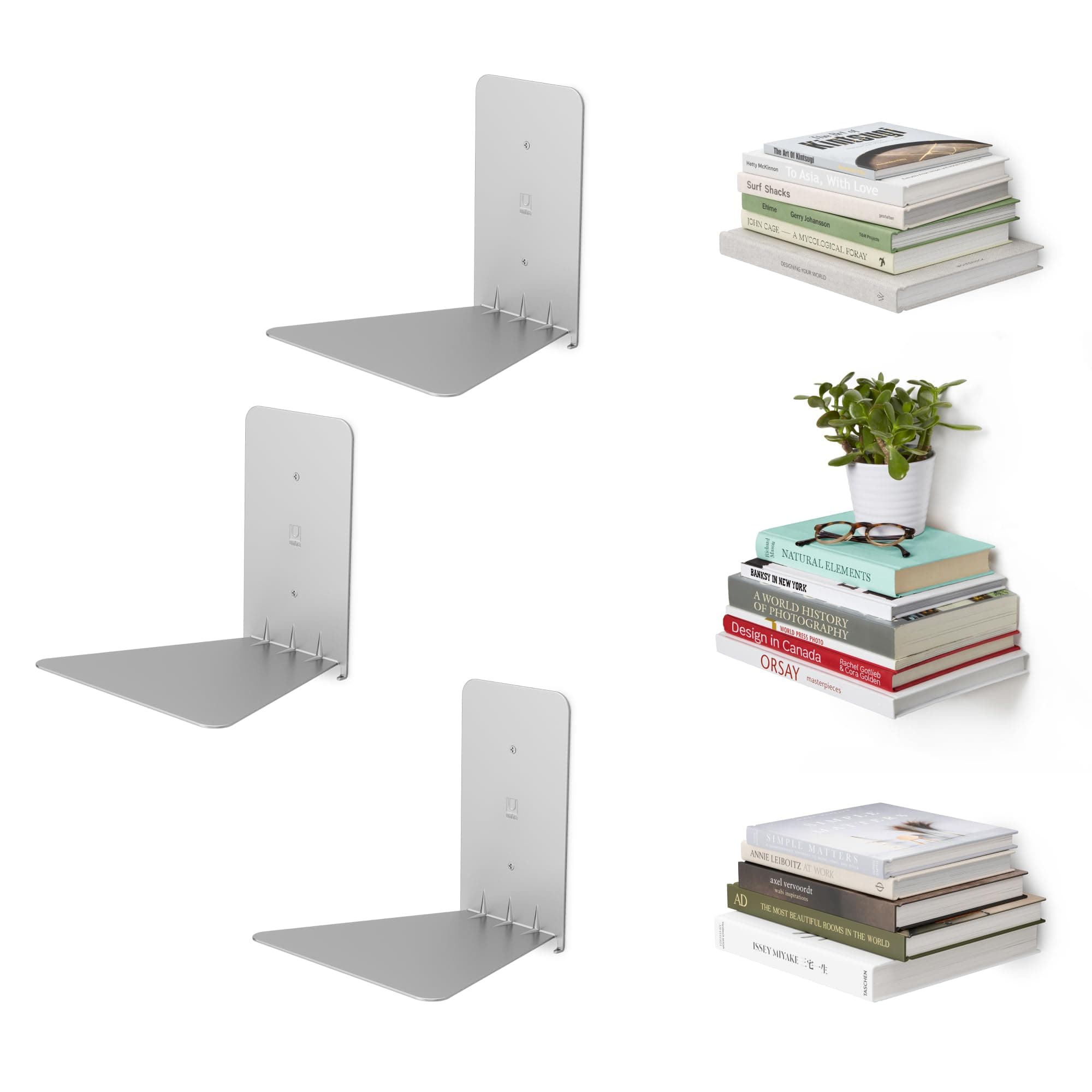 Conceal, Sturdy Metal Floating Bookshelf for Wall, Silver, Small, Set of 3