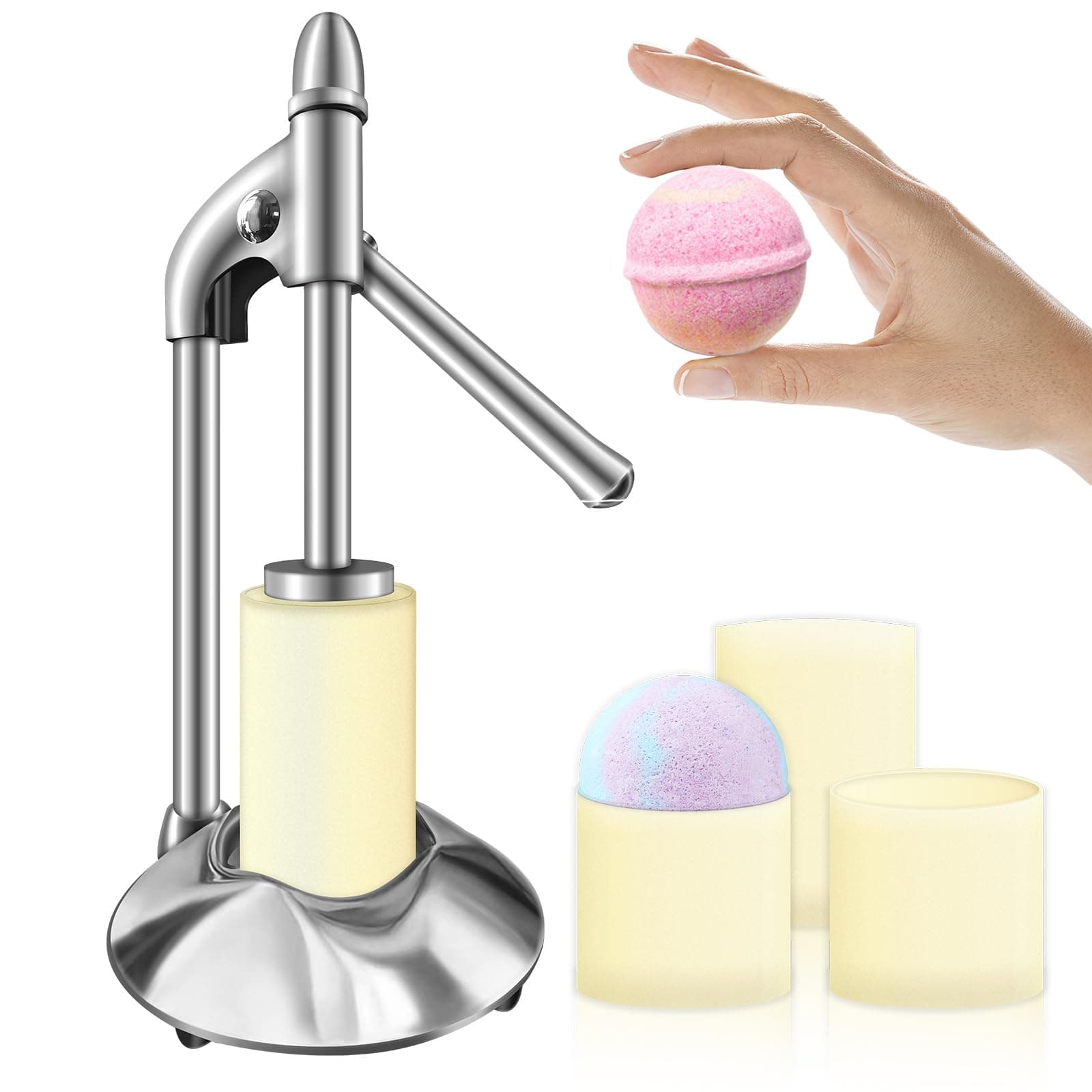 Stainless Steel Bath Bomb Press Machine with Bath Bomb Mold Set，Mold & Bath Bombs Press for DIY Making Supplies， for Crafting Handmade Spa Fizzy Bath Bombs, DPS-1, Silvery