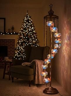 DEMMEX 11 Globe Turkish Moroccan Mosaic Floor Lamp – 210 cm Tall Tiffany Style Standing Boho Lamp for Living Room, Bedroom & Entryway – Handmade in Turkey, Multi-Mix