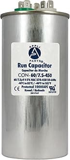 Appli Parts Dual Run Capacitor for ac 60+7.5 Mfd uF (microfarads) 370VAC or 450VAC CBB65 Round Universal fit for hvac and other applications 5-1/4 in High 2-1/4 in Wide CON-60/7.5-450
