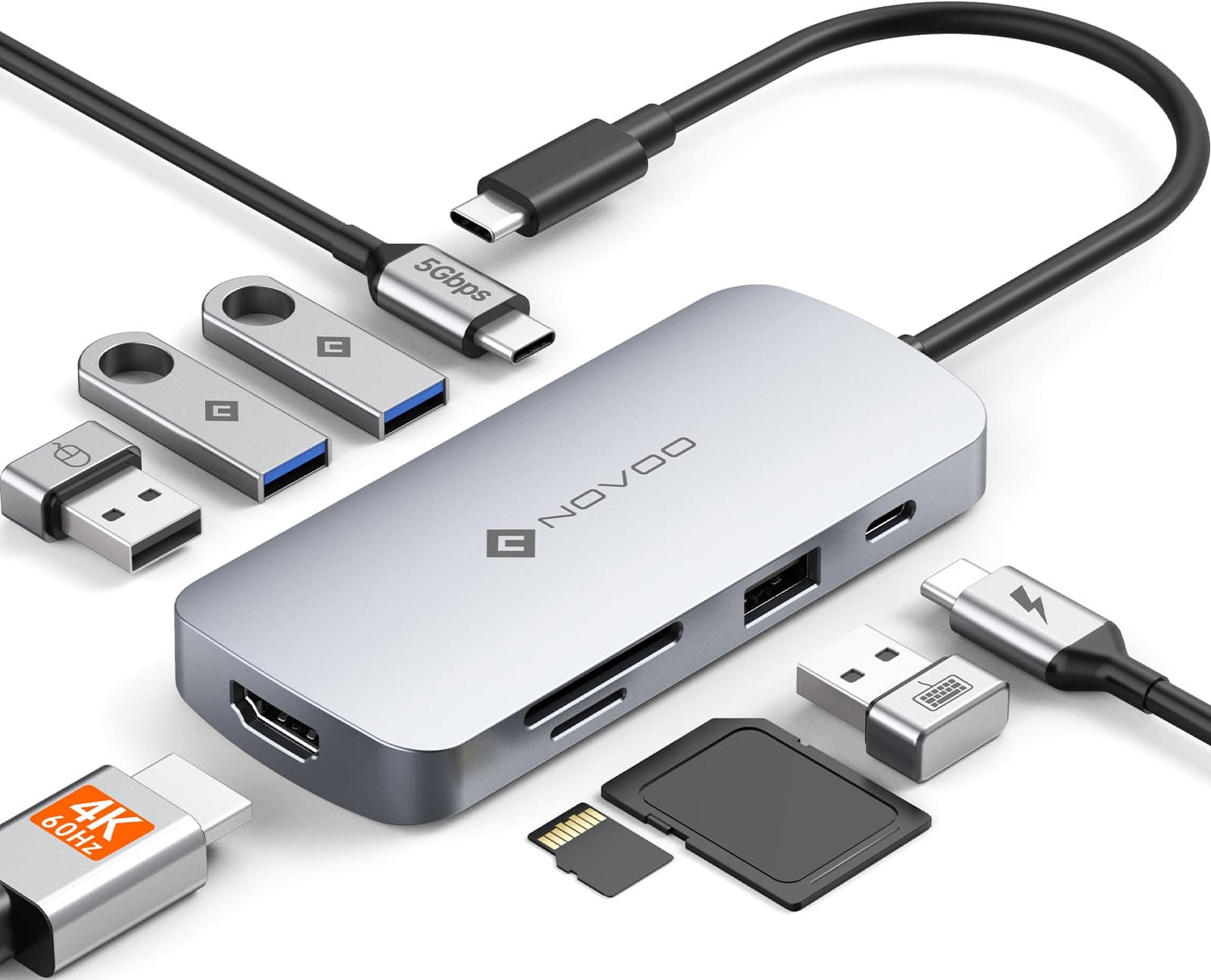 NOVOOUSB C Hub - 9 in 1 Adapter with 5 USB Ports, 4K@60Hz HDMI, 100W PD, Supports SD/TF Cards for MacBook Pro/Air & More