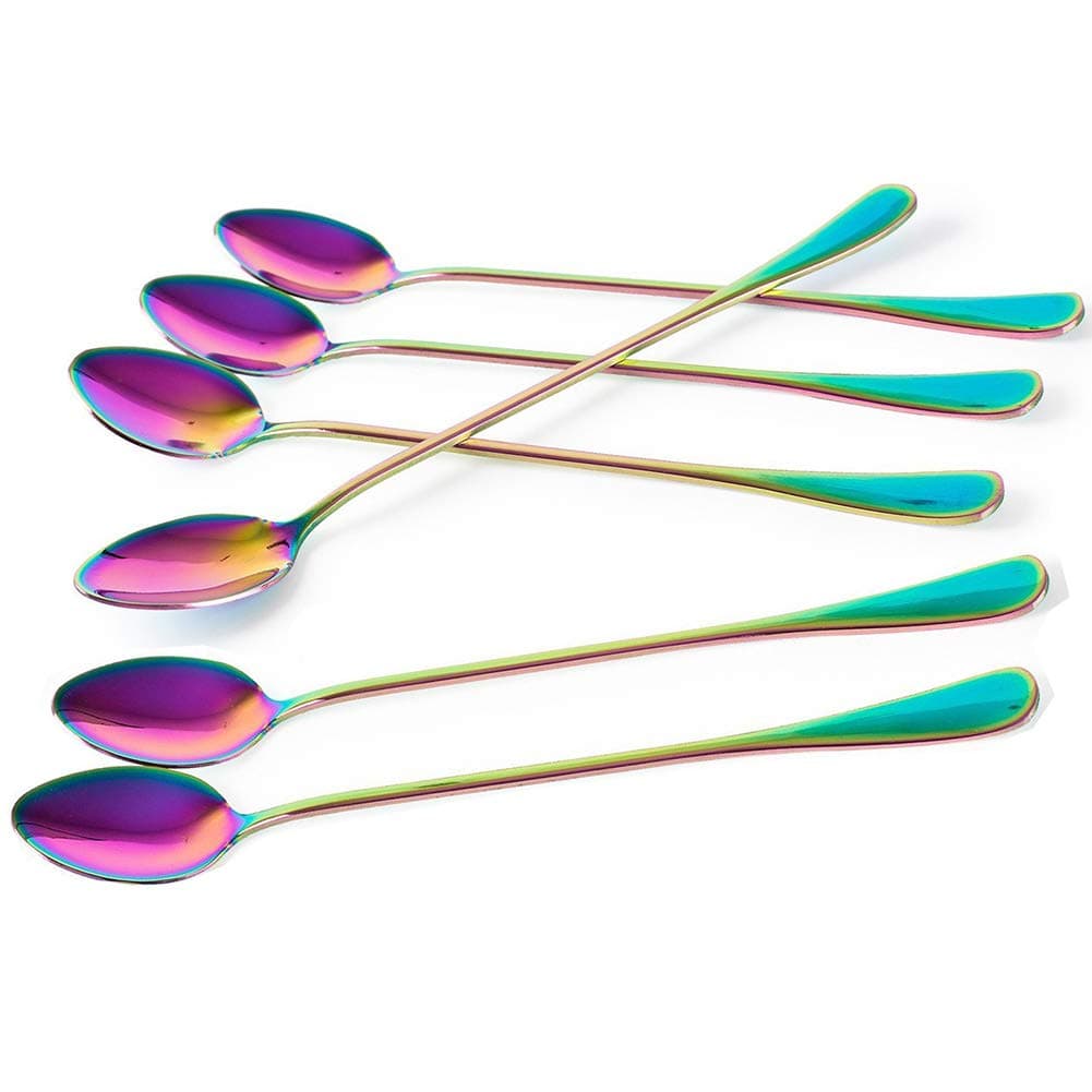 KOKER Long-handled ice tea spoon, cocktail stir spoons, stainless steel coffee spoons, Set of 6 (6PcsRainbow-tip)