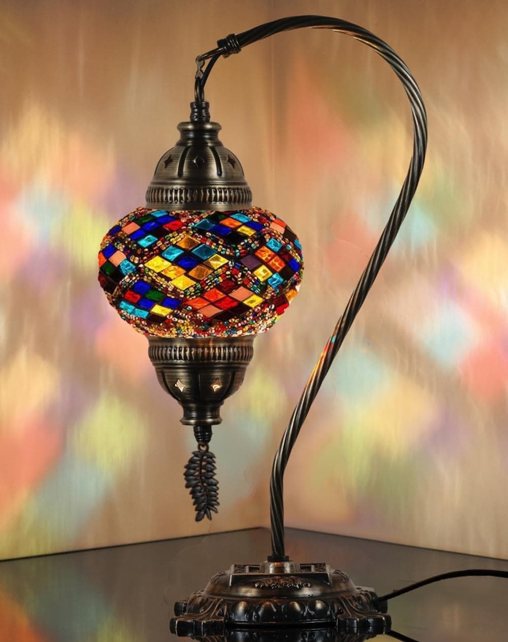 DEMMEX Turkish Table Lamp Moroccan Bedside Light Handmade Tiffany Mosaic Glass Boho Artisan Accent Lighting for Bedroom Living Room, Antique Brass Finish – 15" H, Multicolor