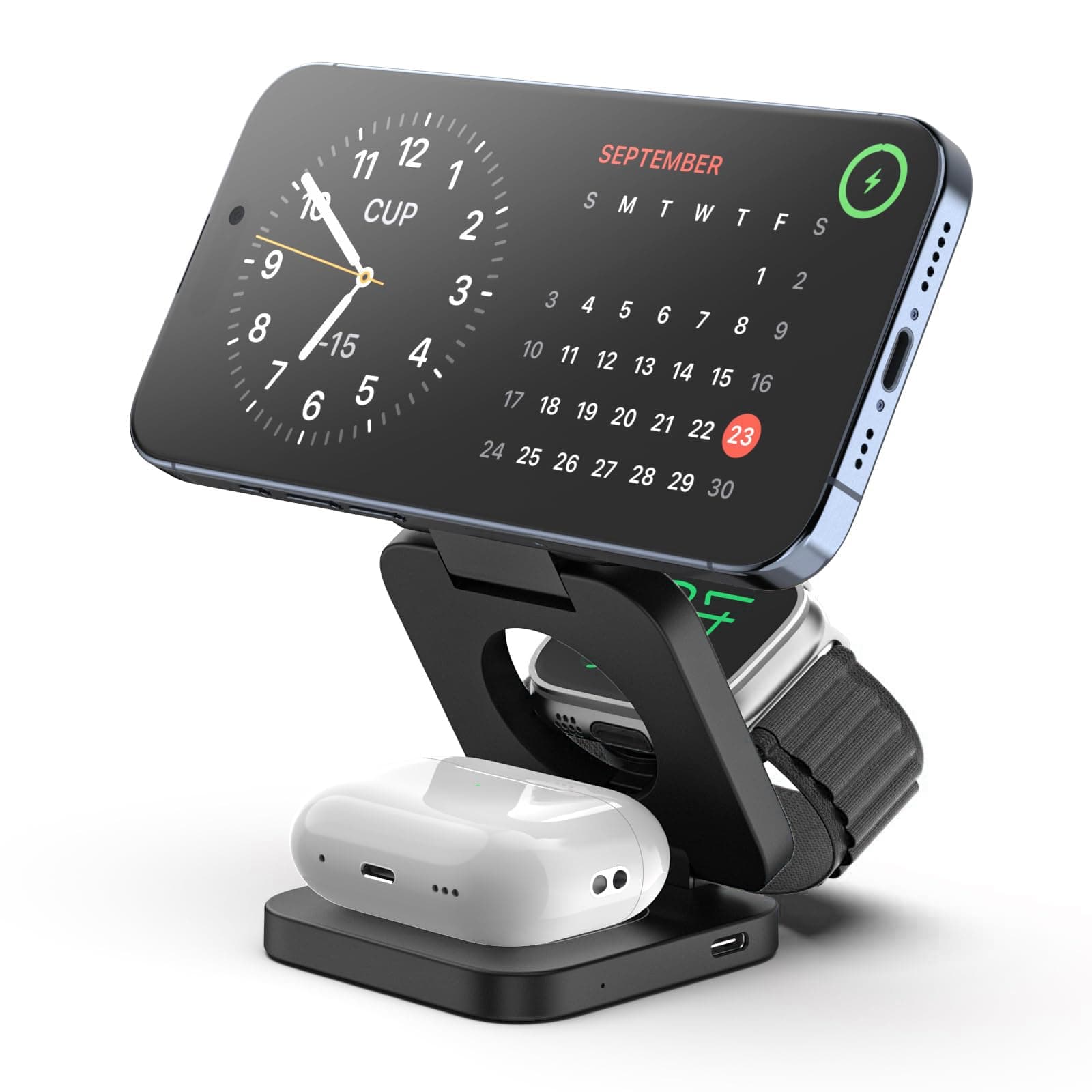 Fast Wireless Charger, Magnetic Foldable 3 in 1 Charging Station for iPhone 17/16/15/14/13/12/Pro/Plus/Pro Max, 5W Portable Charger for Apple Watch10/9/8/7/6/5/4/3/SE, for Airpods3/2/Pro-Black