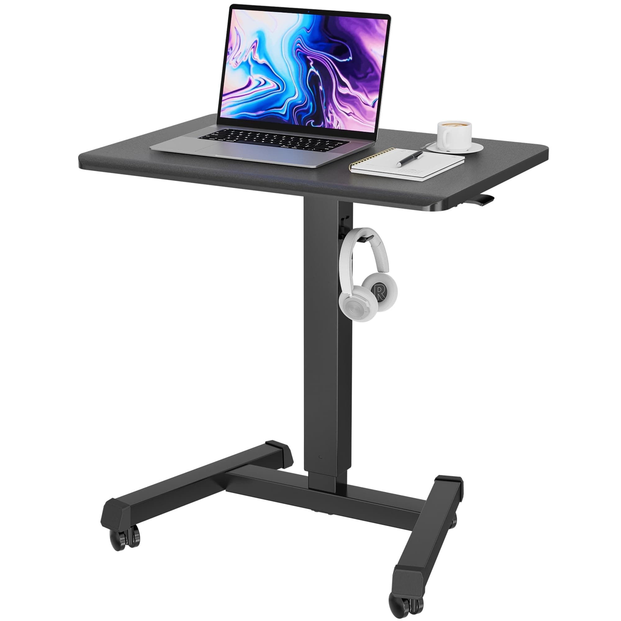 Mobile Standing Desk Adjustable Height, Rolling Laptop Cart with Hook, Portable Workstation with Pneumatic Lift, Ergonomic Table with Wheels, Compact Home Office Desk, Black 25.6" x 17.7"