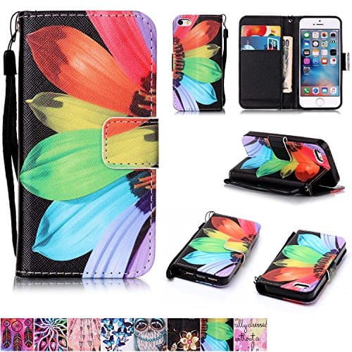 Firefish iPhone 5/5S/SE Case, [Kickstand] [Card/Cash Slots] Durable Leather Full Body Protection Wallet Case with Magnetic Closure Wrist Strap for Apple iPhone 5/5S/SE-Sunflower