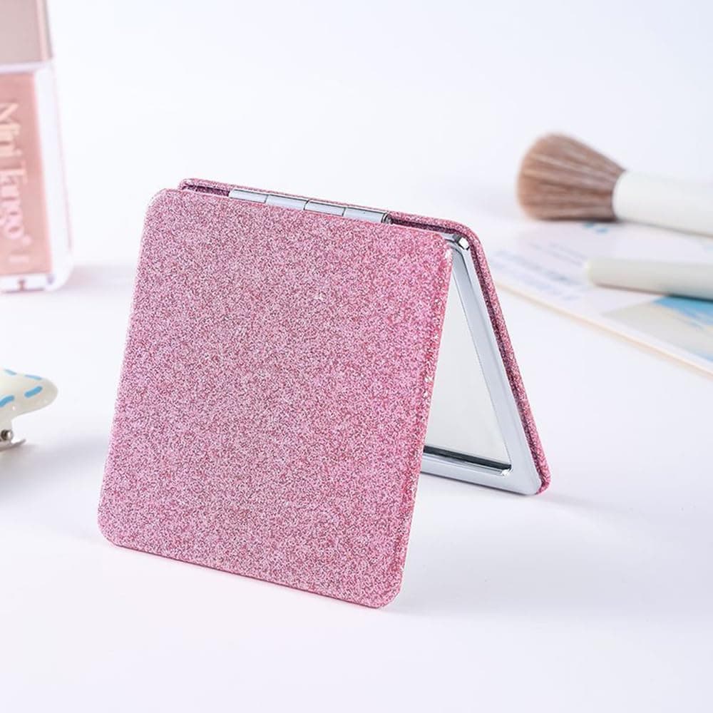 Square Pink Compact Mirror for Women,Small Magnifying Travel Mirror with Glitter,Portable 2 x 1x Magnification Folding Pocket Makeup Mirror Cosmetic Mirror for Gift Travel Essentials