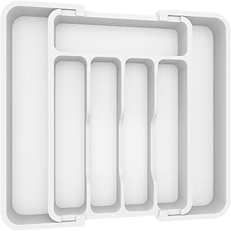 Silverware Drawer Organizer, Expandable Utensil Tray for Kitchen, BPA Free Flatware and Cutlery Holder, Adjustable Plastic Storage for Spoons Forks Knives, 8.9-14.7 x 12.2", White