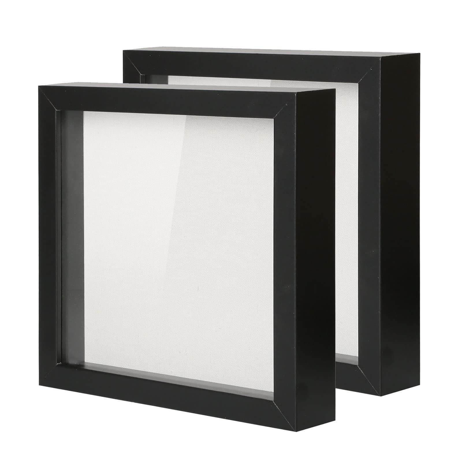 Muzilife Shadow Box Bilderrahmen, 20.3x20.3x25.4 cm, mit Leinenbrett, tiefes Holz und Glas, aufhängefertig, ideal zum Präsentieren von Babys, Auszeichnungen, Karten und Fotos, 2 Stück 8x8" schwarz
