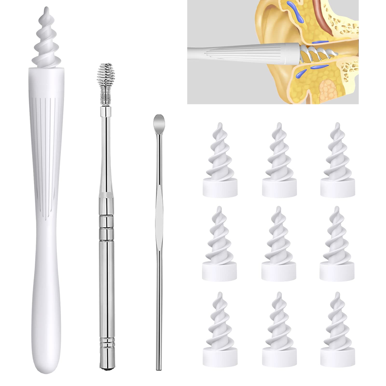 3 in 1 Ear Wax Removal Tool, Q-Grips Ear Wax Removal Reusable & Washable Replacement Soft Silicone Tips for Cleaner Earwax, Ear Wax Removal Kit Contains 3 Types of Ear Cleaner Tools (White)