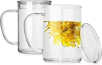LUXU Premium Large Glass Tea Cups with Lid(Set of 2)-27 oz,Modern Simplicity Glass Coffee Mugs,Wide Mouth Hot or Cold Beverage Mugs-Big Capacity with Comfortable Handle for Home and Office-Clear …