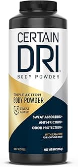 Certain Dri Body Powder for Men & Women, Maximum Sweat Absorption, Moisture & Odor Control, Itch-Free Foot and Body Powder, Talc-Free Formula, Gentle on Sensitive Skin, Calamine Scent, 8 oz