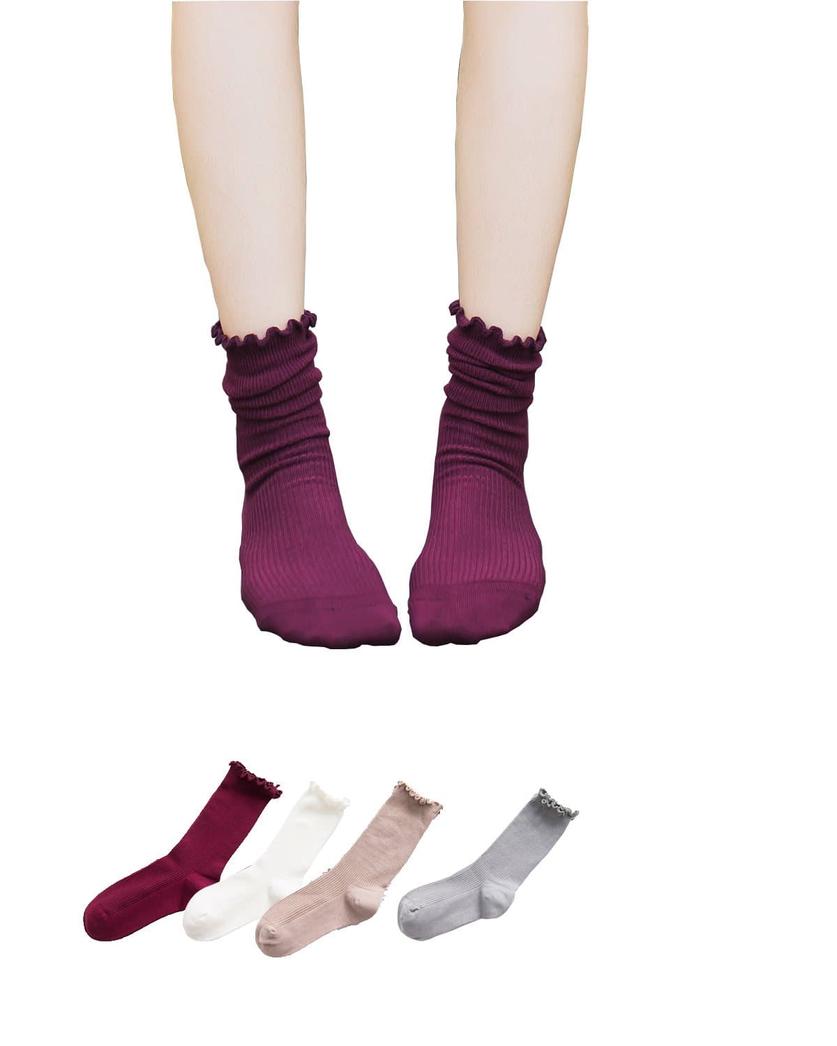 Women's Long Ruffle Frilly Strip Shape Bamboo Fiber Boot Basics Crew Work Ankle Socks 4 Pack (Wine Mix)