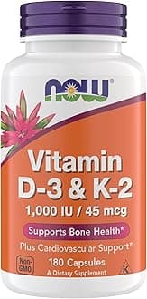 Now Supplements Vitamin D3 K2, 1,000 IU/45 mcg, Cardiovascular Support, Supports Bone Health, 180 Vegetarian Capsules - Vegan, Gluten Free, Kosher
