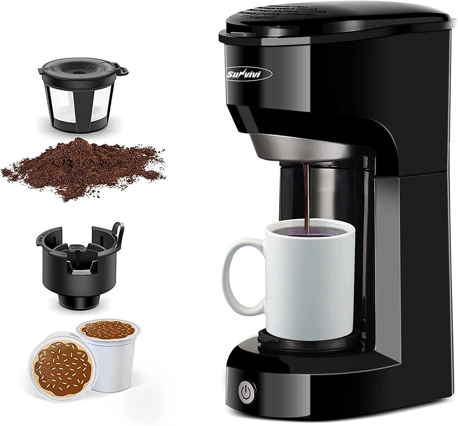 SUNVIVI Coffee Maker, Single Serve Brewer for Single Cup, One Cup Coffee Maker With Permanent Filter, 6oz to 14oz Mug, One-touch Control Button with Illumination, Black (ETL Certified)