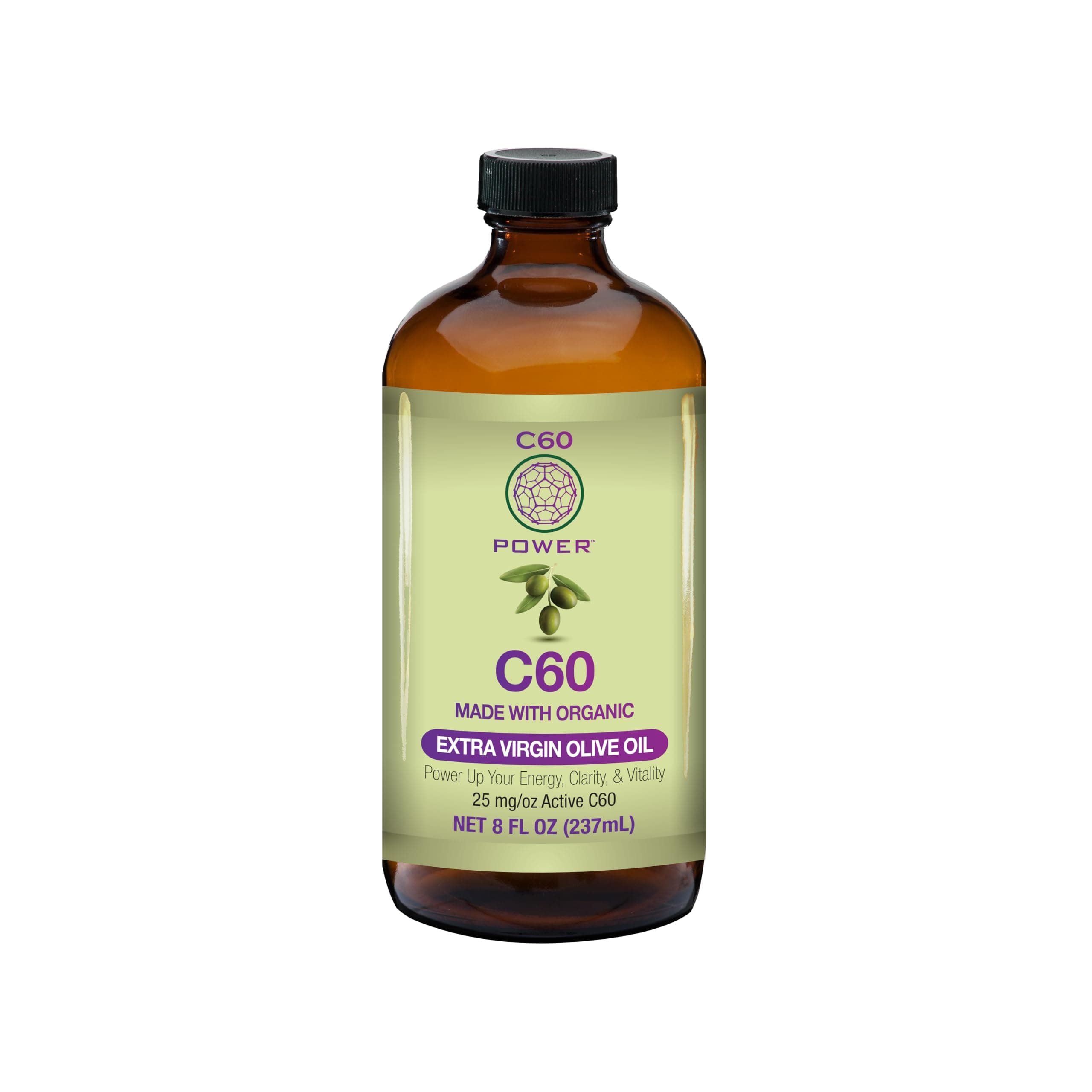 C60 Purple Power Organic Extra Virgin Olive Oil (8 Fl Oz) 99.99% Pure Carbon 60 Antioxidant - Third-Party Tested for Purity, Quality & Concentration - Made in the USA
