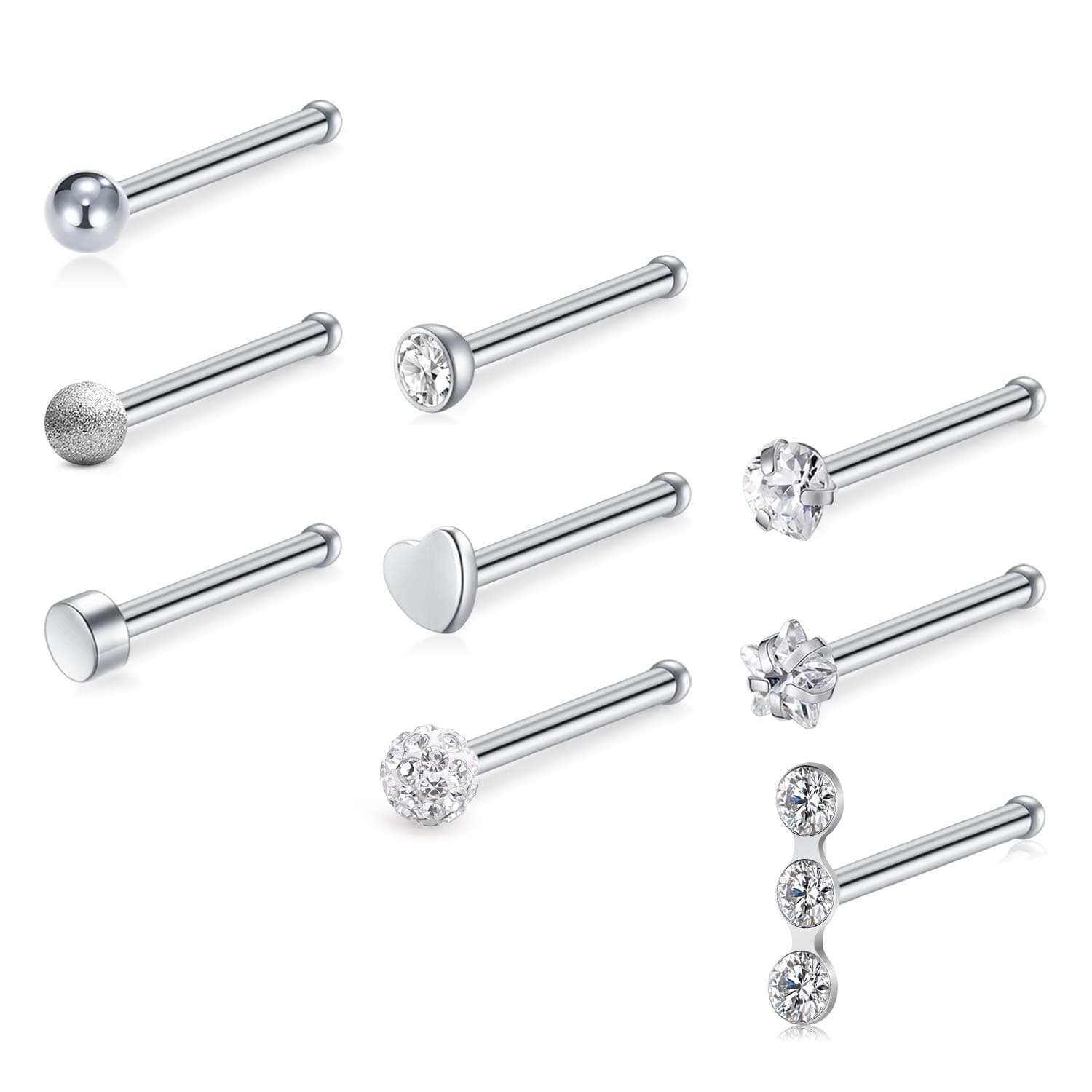 LongitaNose Studs Straight L Shaped Nose Bone Nose Screw Stainless Steel 20G 9-15PCS Nose Piercing Jewellery Set