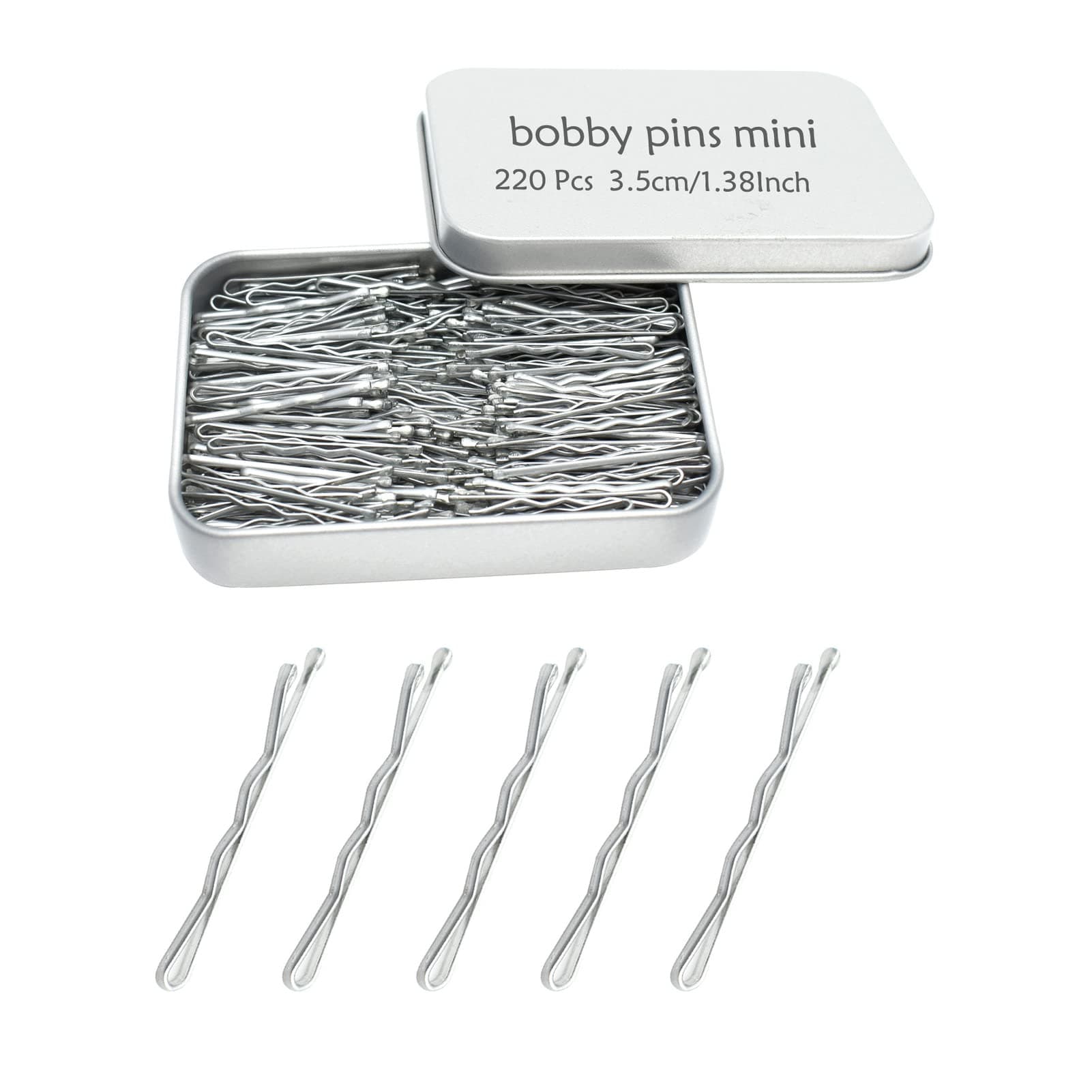 YINGFENG 220 Ct 1.38 Inch Mini Silver Gray Cute Bobby Pins with Metal Box, Small Hair Bobby Pins for Buns, Premium Gray Hair Pins for Kids, Girls and Women, Great for All Hair Types