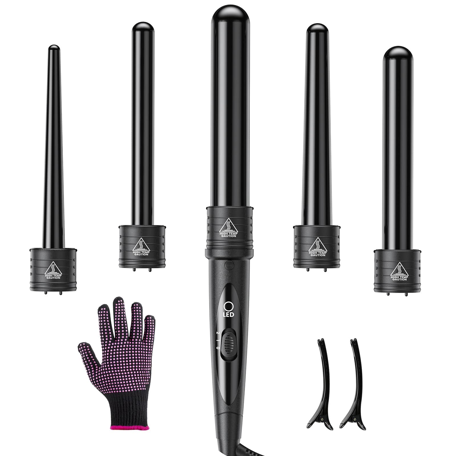 5 In 1 Curling Wand Set, Curling Iron Interchangeable Ceramic Barrels (0.35-1.25 Inch), Heating Hair Curler Kit with Protective Glove & 2 Clips Ceramic Coated for All Hair Types, Gift for Girls, Women