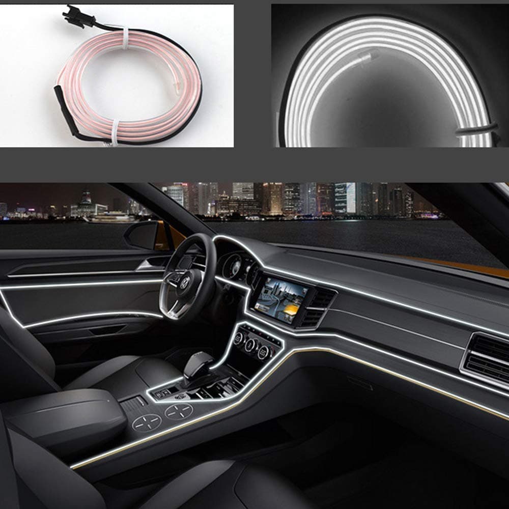 USB Neon LED Light Glowing Electroluminescent Wire/El Wire for Automotive Interior Car Cosplay Decoration with 6mm Sewing Edge(White, 2 M)