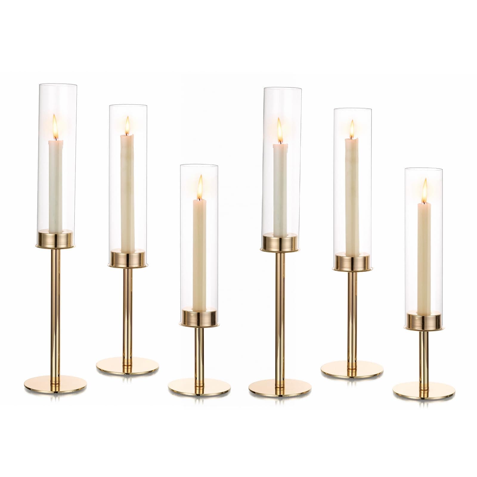 - Hewory Gold Candle Holders Hurricane Candlestick Holders, 6Pcs Candle Stick Candle Holder Candelabra, Taper Candle Holders with Glass Candle Cover for Wedding Table Centerpiece Christmas Decor