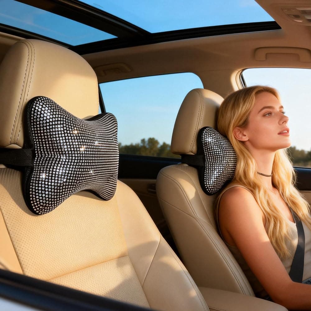 2 Pack Car Neck Pillow for Driving Seat Auto Headrest Cushion Head Rest Neck Support Relax Crystal Rhinestone Diamond Interior Bling Accessories for Women Girly Comfortable White
